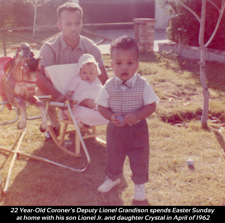 22 Year-Old Coroner’s Deputy Lionel Grandison spends Easter Sunday  at home with his son Lionel Jr. and daughter Crystal in April of 1962